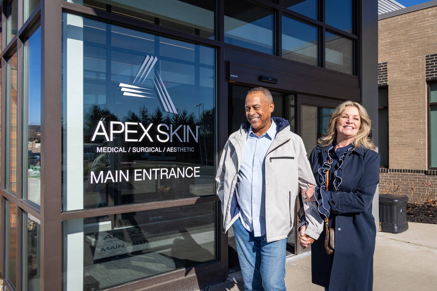 Walking into Apex Skin's main entrance during the shoot