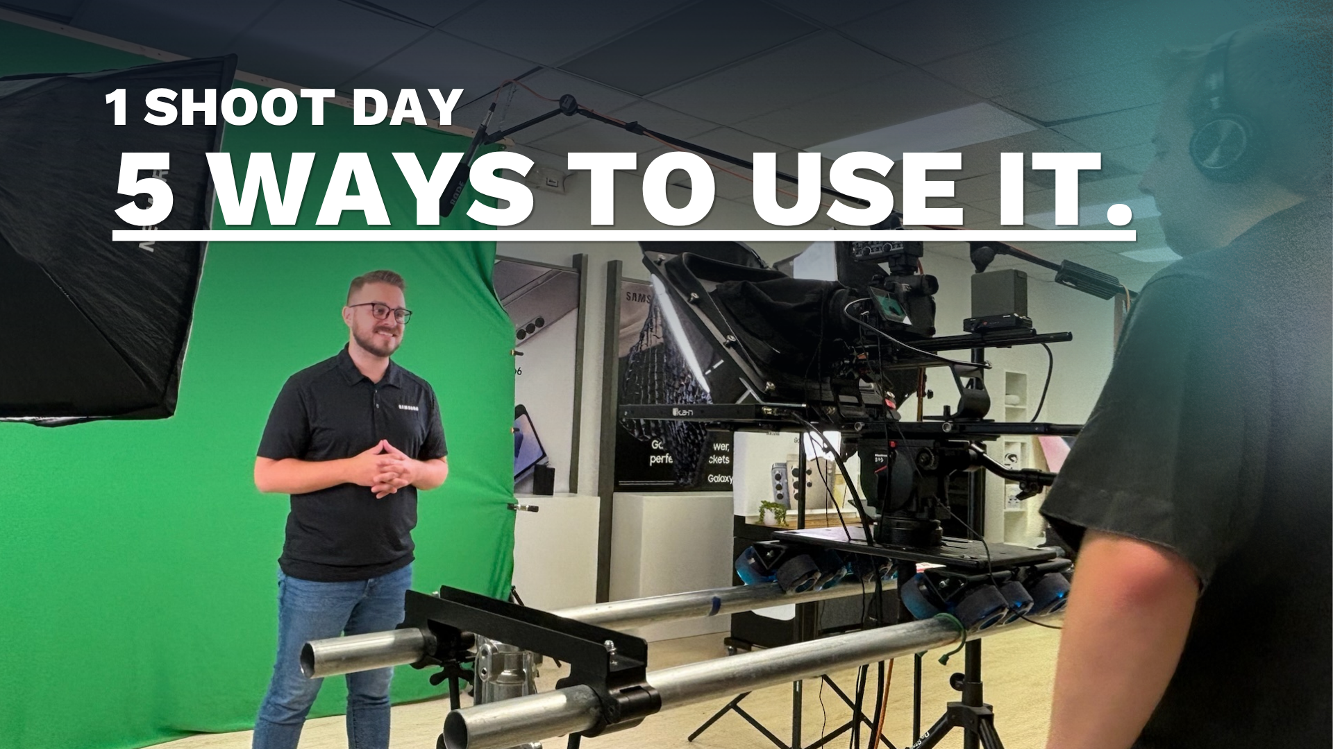 a Double Take Video camera operator filming a man in front of a green screen